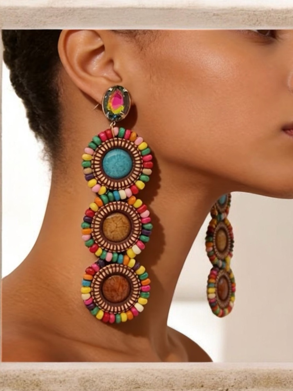 Handmade Bohemian Colorful Beaded Triple-Drop Earrings - Multicolor